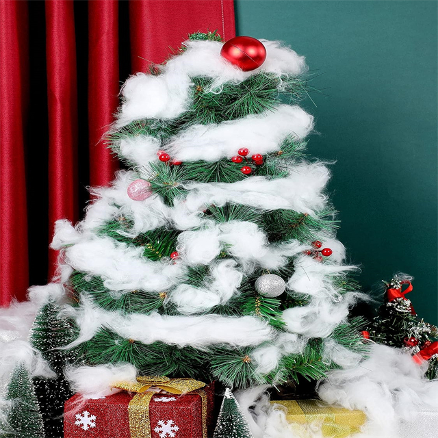 Snow fluffy decorations adorning a Christmas tree, creating a magical winter wonderland effect