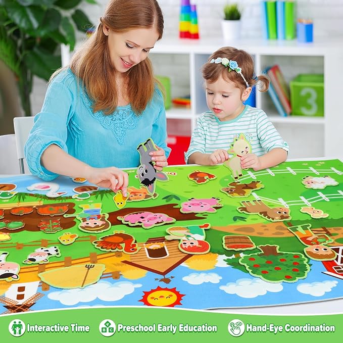 Multicolored Farm Animal Felt Story Board Set with 3.5Ft Interactive Busy Board 38 Pieces for 2-4 Year Old Boys & Girls 