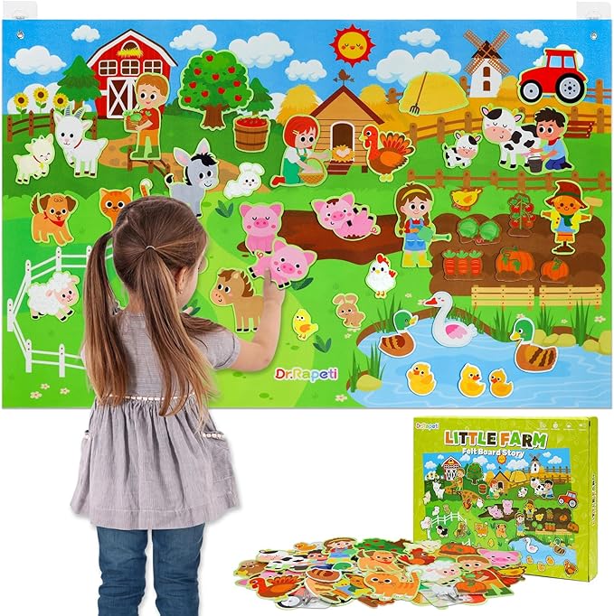 Multicolored Farm Animal Felt Story Board Set with 3.5Ft Interactive Busy Board 38 Pieces for 2-4 Year Old Boys & Girls 