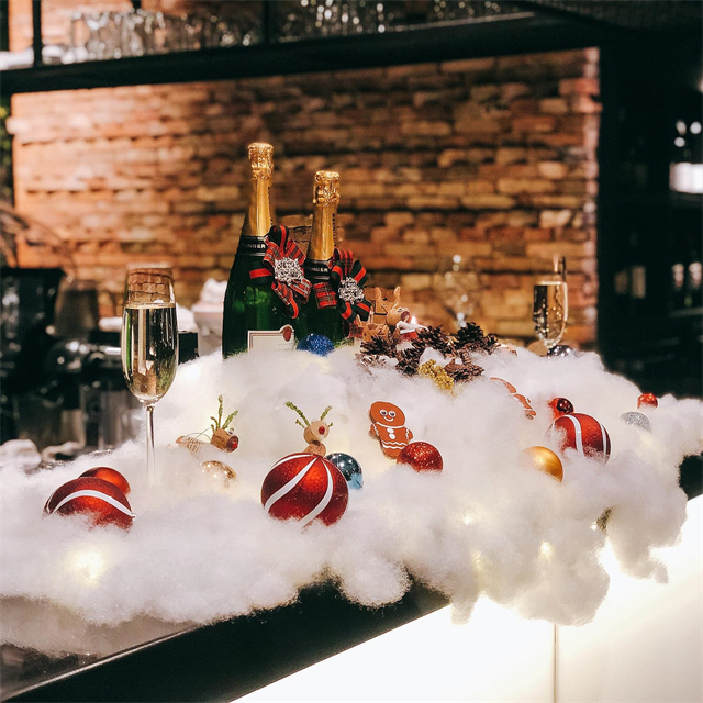 Fake snow decor on table setup
