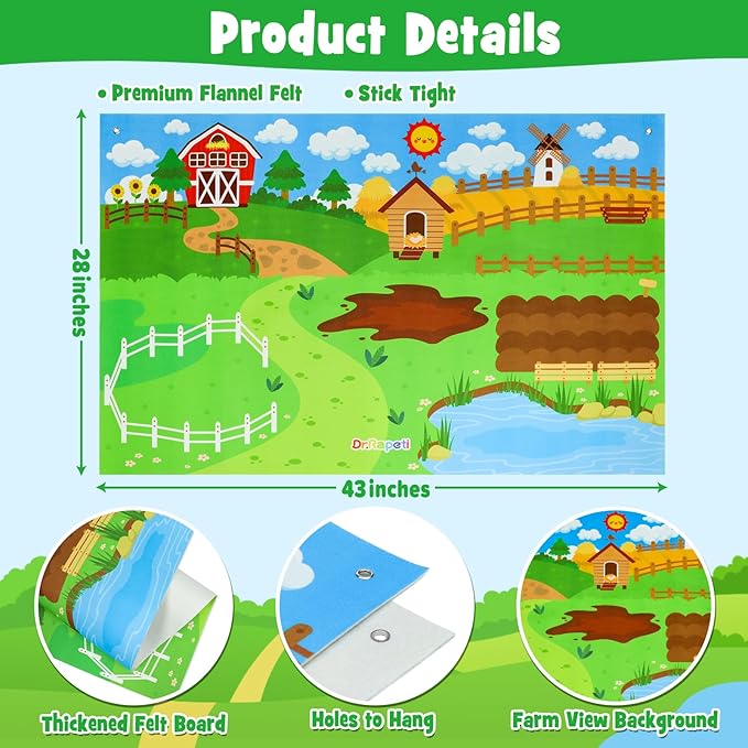 Multicolored Farm Animal Felt Story Board Set with 3.5Ft Interactive Busy Board 38 Pieces for 2-4 Year Old Boys & Girls 