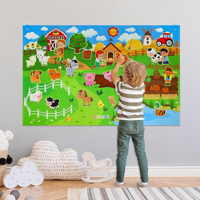 Multicolored Farm Animal Felt Story Board Set with 3.5Ft Interactive Busy Board 38 Pieces for 2-4 Year Old Boys & Girls 